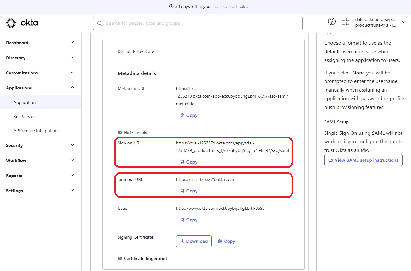 The OKTA platform Applications screen highlighting Sign on URL and Sign out URL