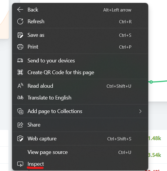 The right click menu highlighting Inspect