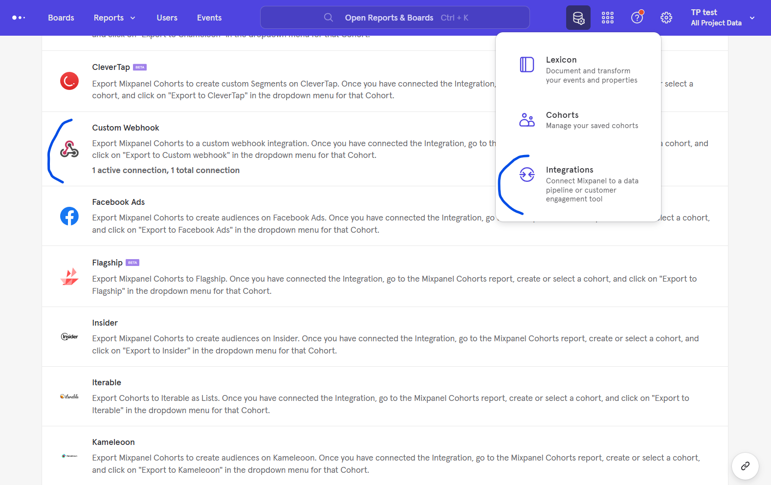 The Integrations page within the Mixpanel platform