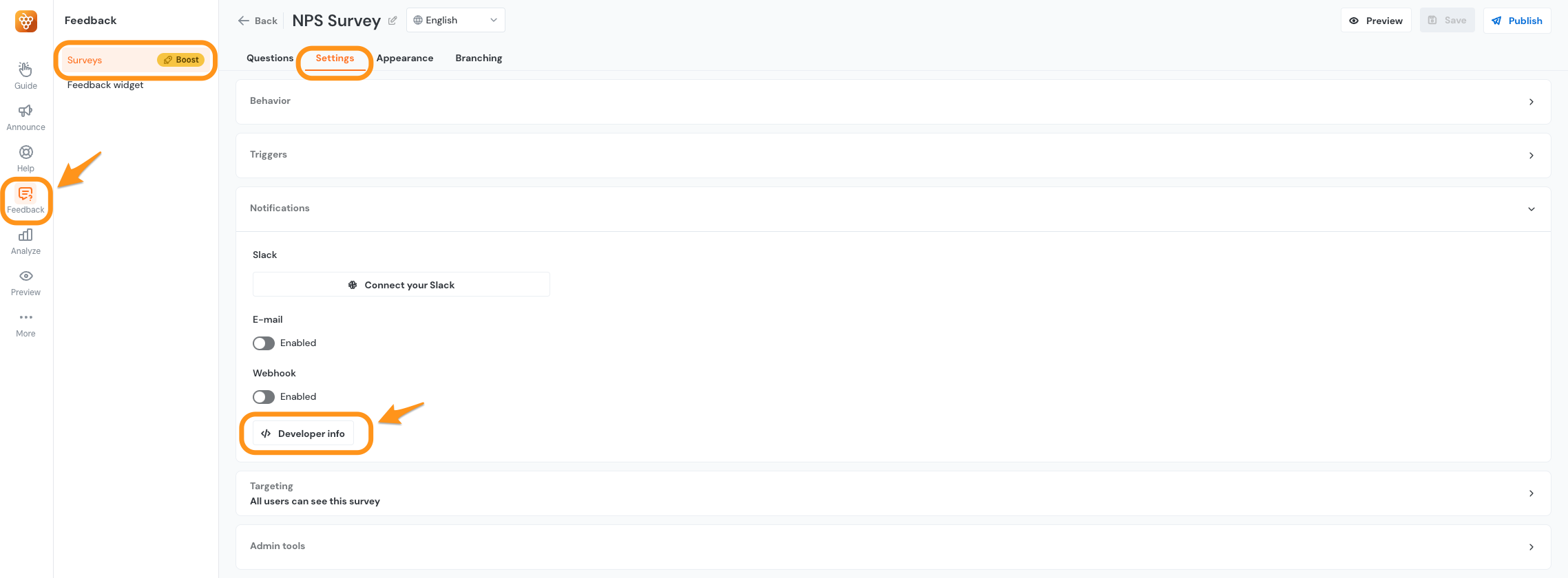 An NPS survey showing where to find developer info for question and answer IDs