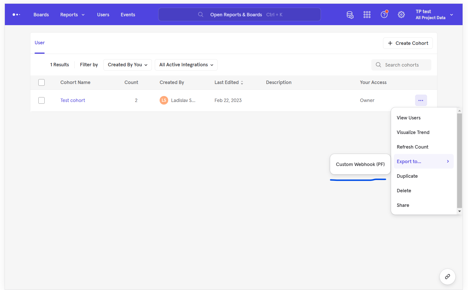 An exampl of the cohorts screen in the Mixpanel platform