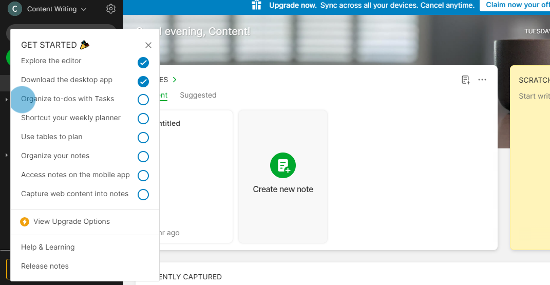 Evernote's dashboard showcasing the onboarding checklist.