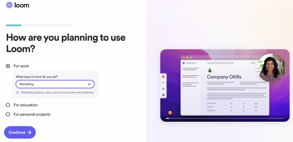 Screenshot of Loom welcome survey for it's platform