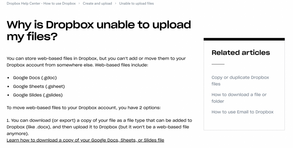 Dropbox screenshot of help center
