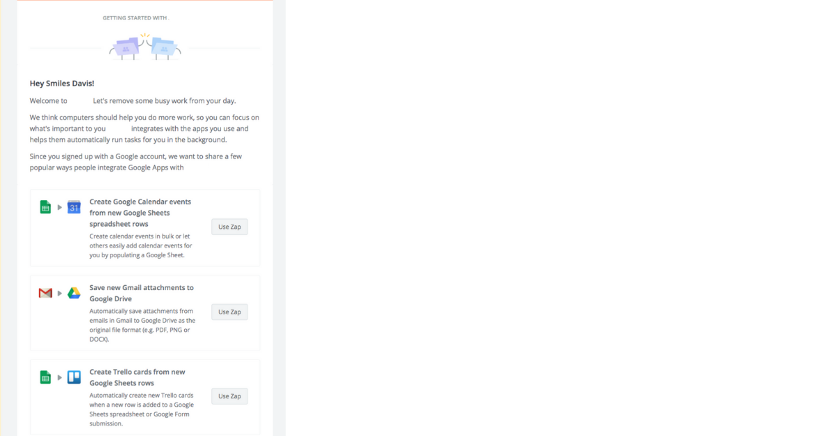 Zapier mail screenshot showcasing popular ways people integrate Google apps with Zapier.