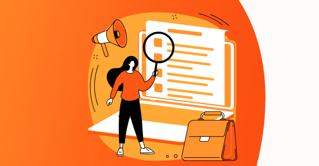 orange blob background and white with female cartoon looking at information from a desktop to find feature adoption