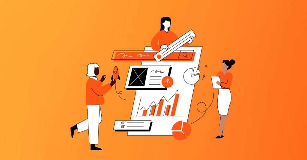 orange background with the female cartoons and a data sheet looking and taking notes