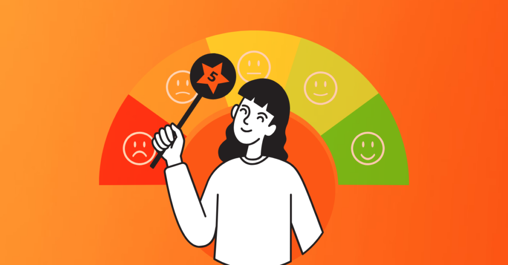 orange background, a satisfaction score, and a cartoon with a five star panel