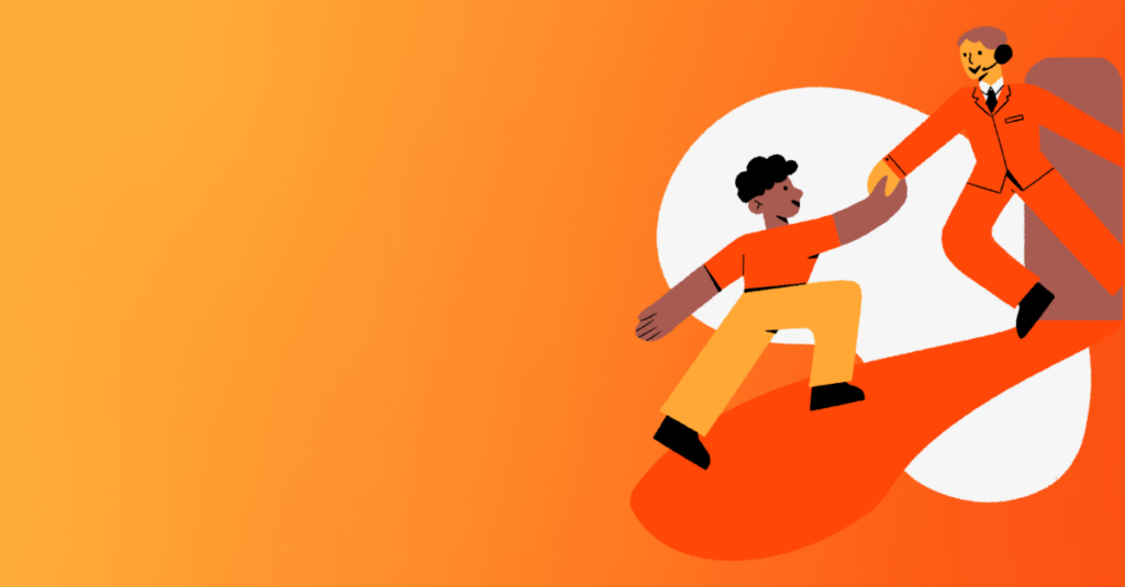 two cartoon helping each other up an with Product Fruits colors