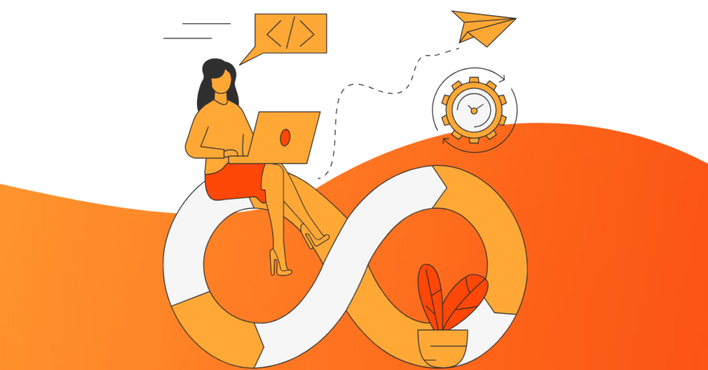 cartoon infinity with lady cartoon working on laptop and improvements