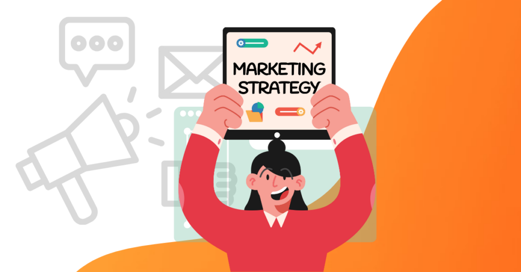 cartoon with marketign strategy and GTM with iccon of marketign orange background