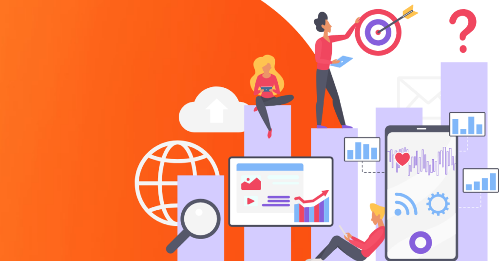 socia media marketign plan and communciations cartoons with graph and orange background