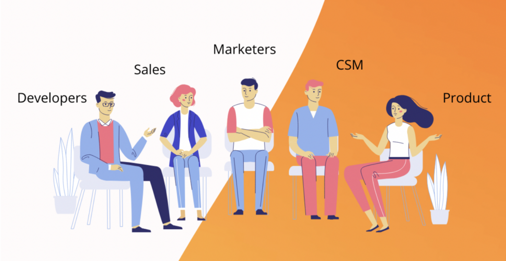 diffferant copany departments seating in a circle all talking with orange background