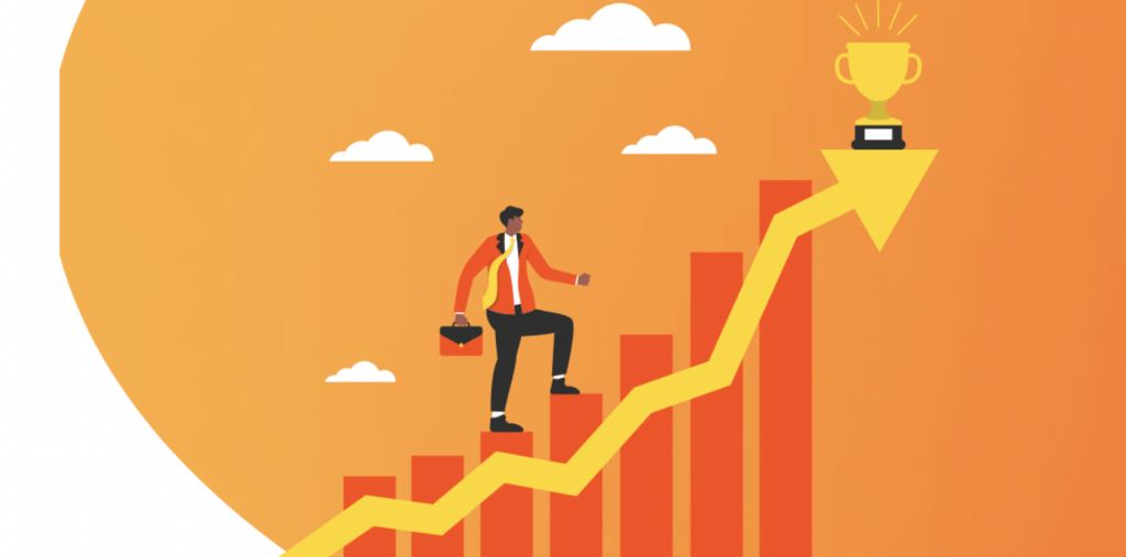 cartoon going up a bar chart of people walking up and orange background