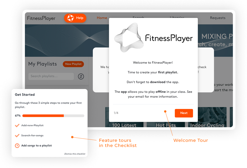 Example how Product Fruits Digital Adoption Platform Benefits Business at Fitness player user onboarding (welcome tour and checklist)