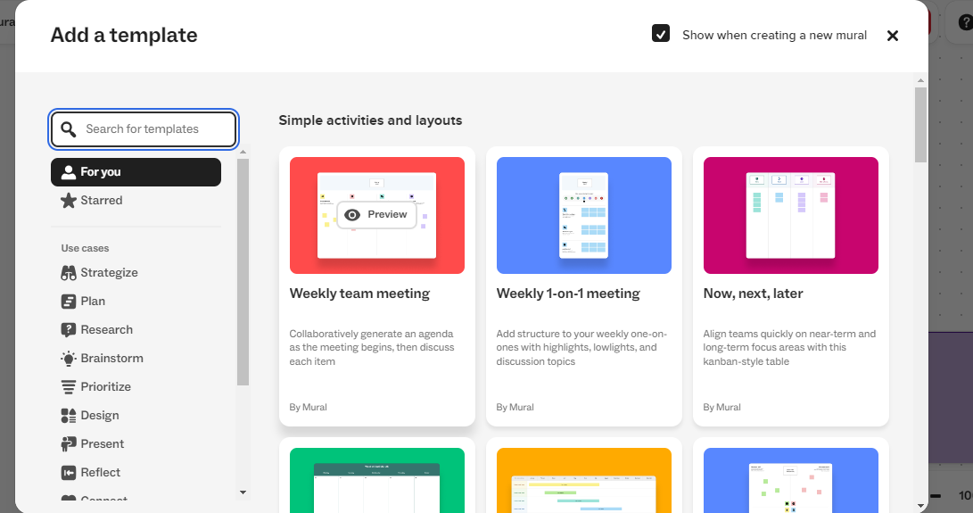 screenshot of Mural's dashboard showing pre-built templates for user stories and mapping