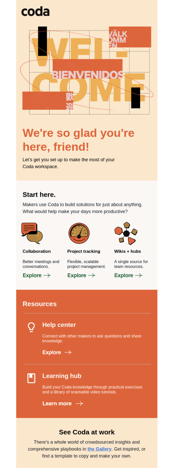 coda welcome email screenshot for example