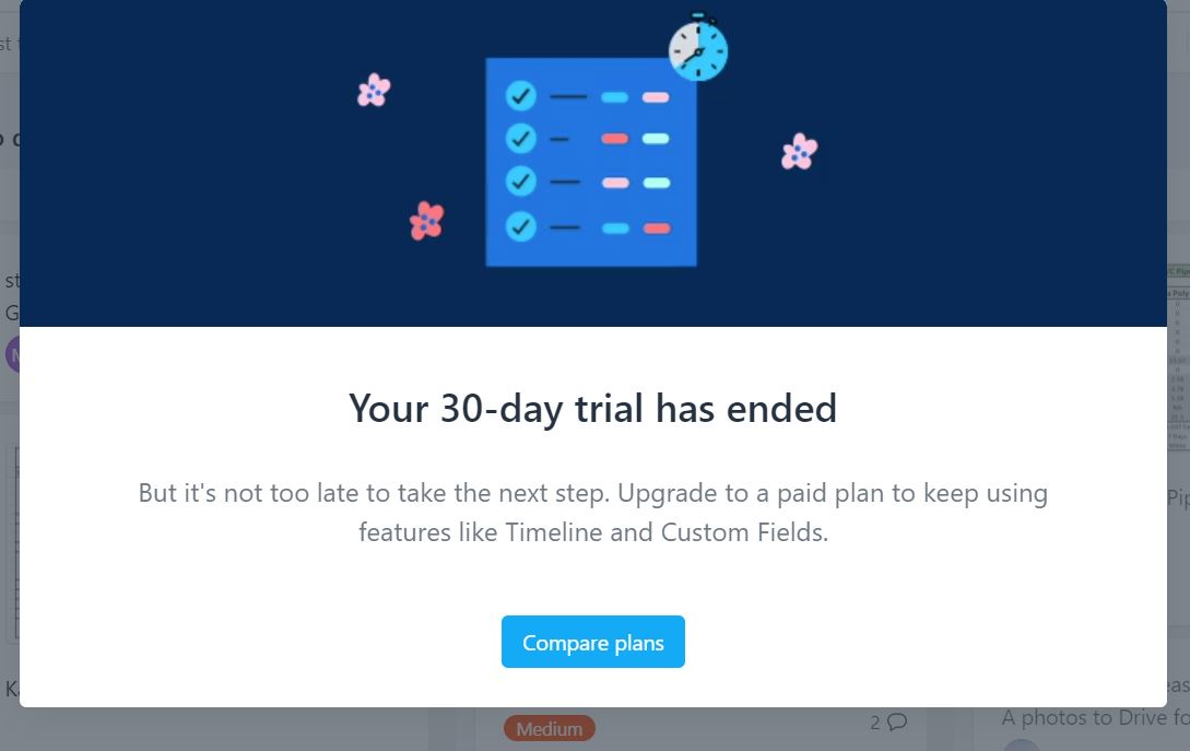 The pop-up from Asana that showcases the trial has ended.