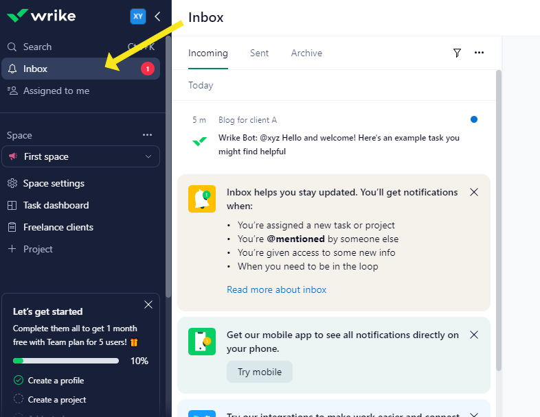 Wrike's tool screenshot showcasing in-app notifications.