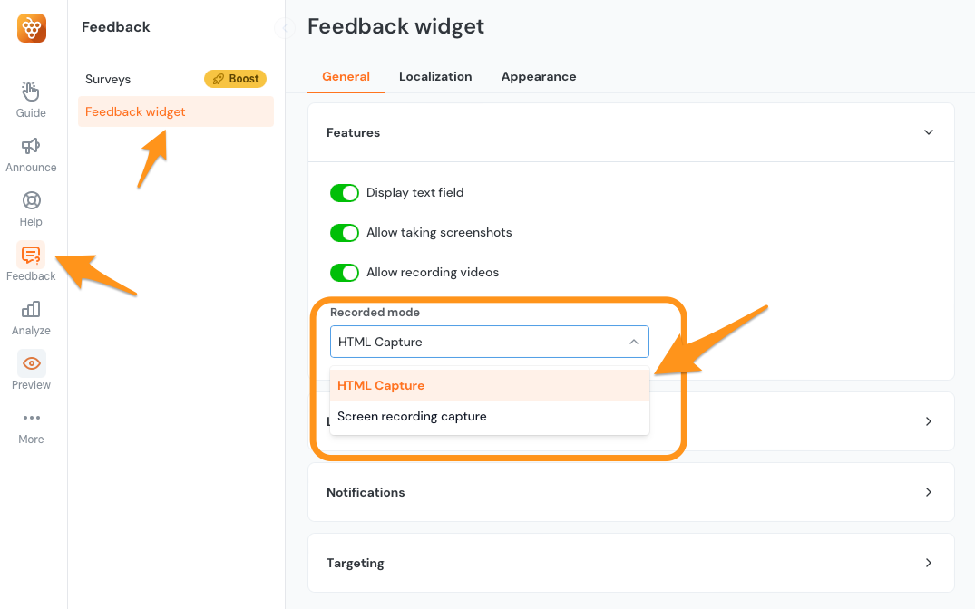 The feedback widget screen showing how to change the recorded mode for screenshots and videos