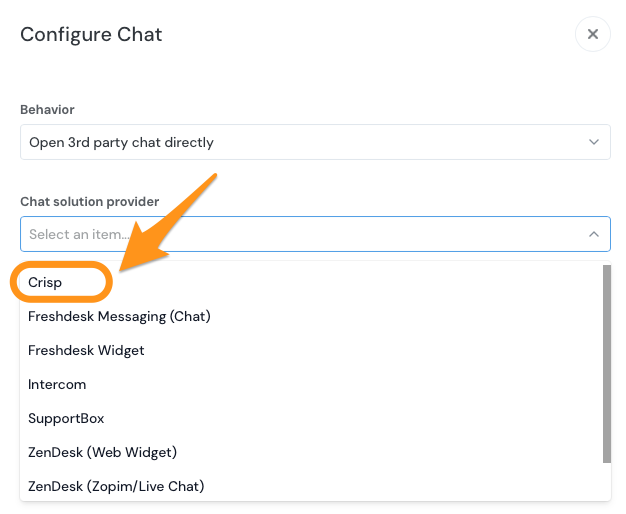 The Configure Chat screen with Crisp highlighted