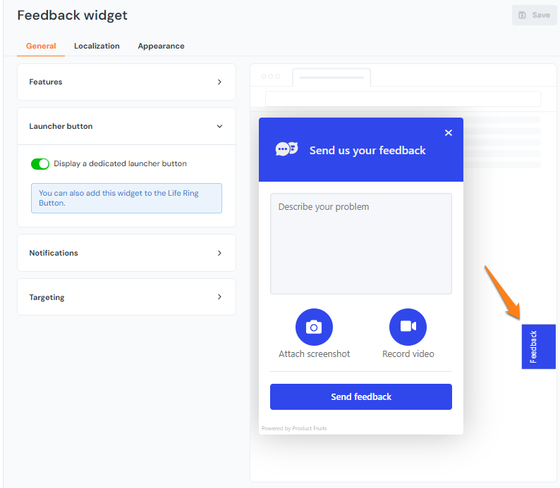 Example of the feedback widget launcher button displayed