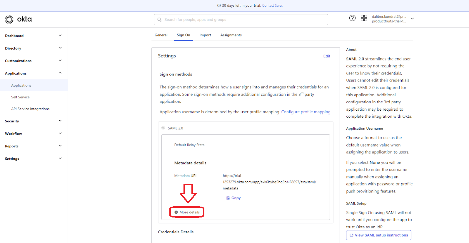 The OKTA platform highlighting the More details section of the SAML settings screen