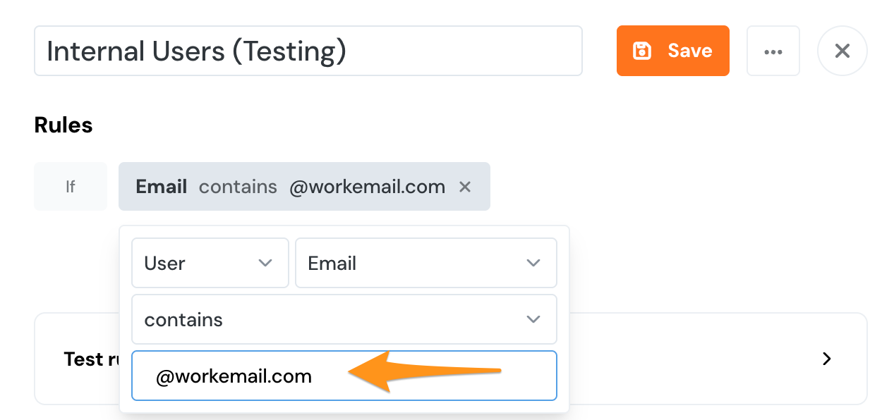 Product Fruits segment for internal users (testing) that shows a rule of if user email contains at work email dot com