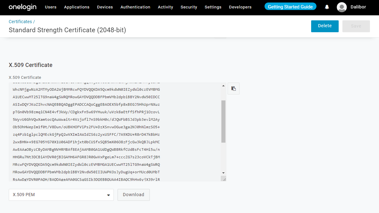 The One Login Standard Strength Certificate page showing the option to download the certificate