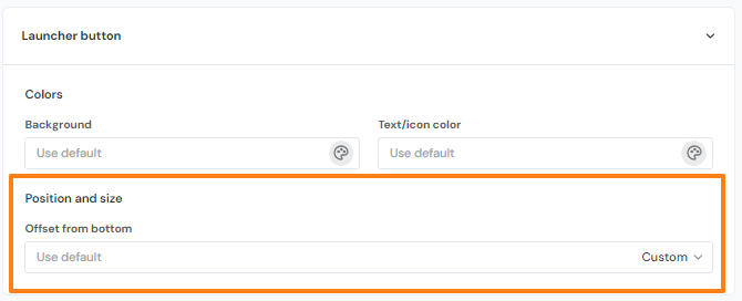 The launcher button Appearance menu of the feedback widget highlighting the position and size section