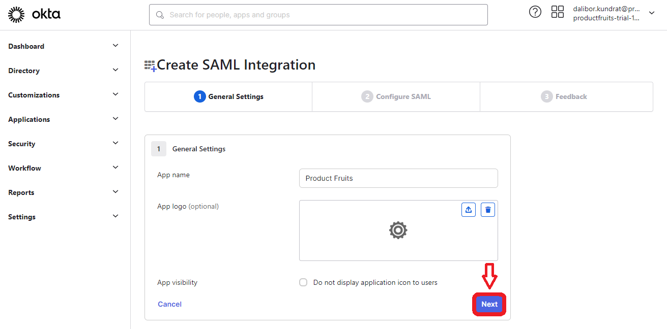 The OKTA platform Create SAML integration highlighting the Next button