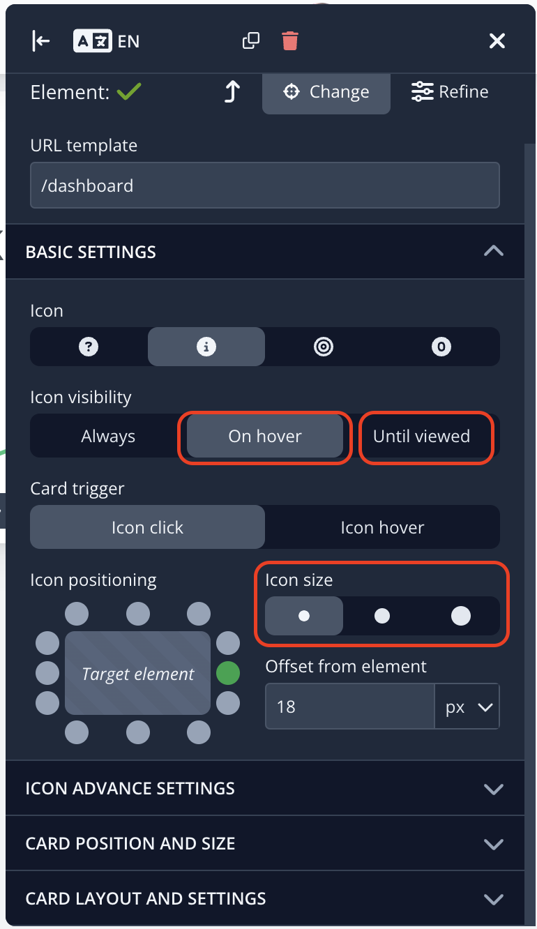 the Product Fruits editor showing a hint being edited with the on hover until viewed and icon size settings highlighted