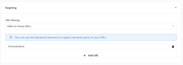 The targeting menu of the feedback widget showing an example of hiding the feedback widget on a specific URL: