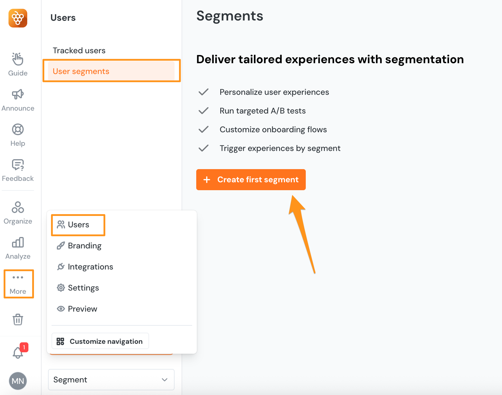 Product Fruits administration screen showing the Segment page highlight how to create a new segment