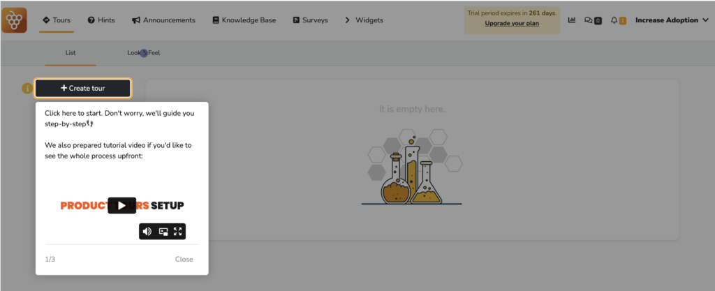 A screenshot of Product Fruits onboarding platform. it highlights the create a demo feature with a video tutorial on how to do it