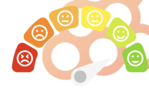 A scale of happy faces and a red and orange bubble background