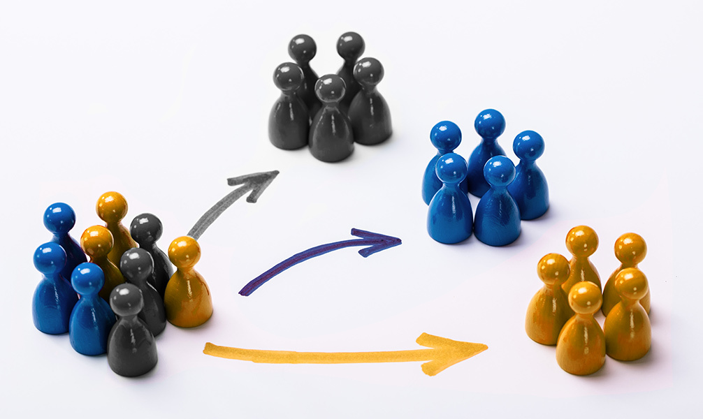 A picture of different pawns separated by color