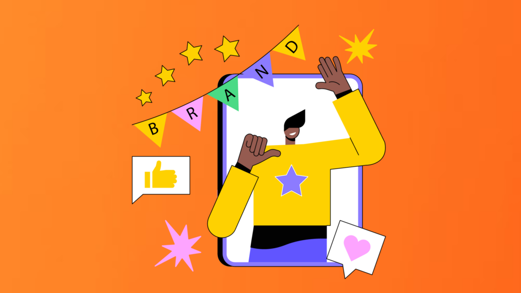 orange background and cartoon with man in a phone and smiling and thumbs up