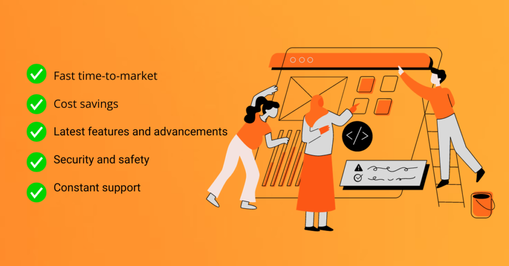 Three cartoons playing around with a screen list of benefits for buying a user onboarding software