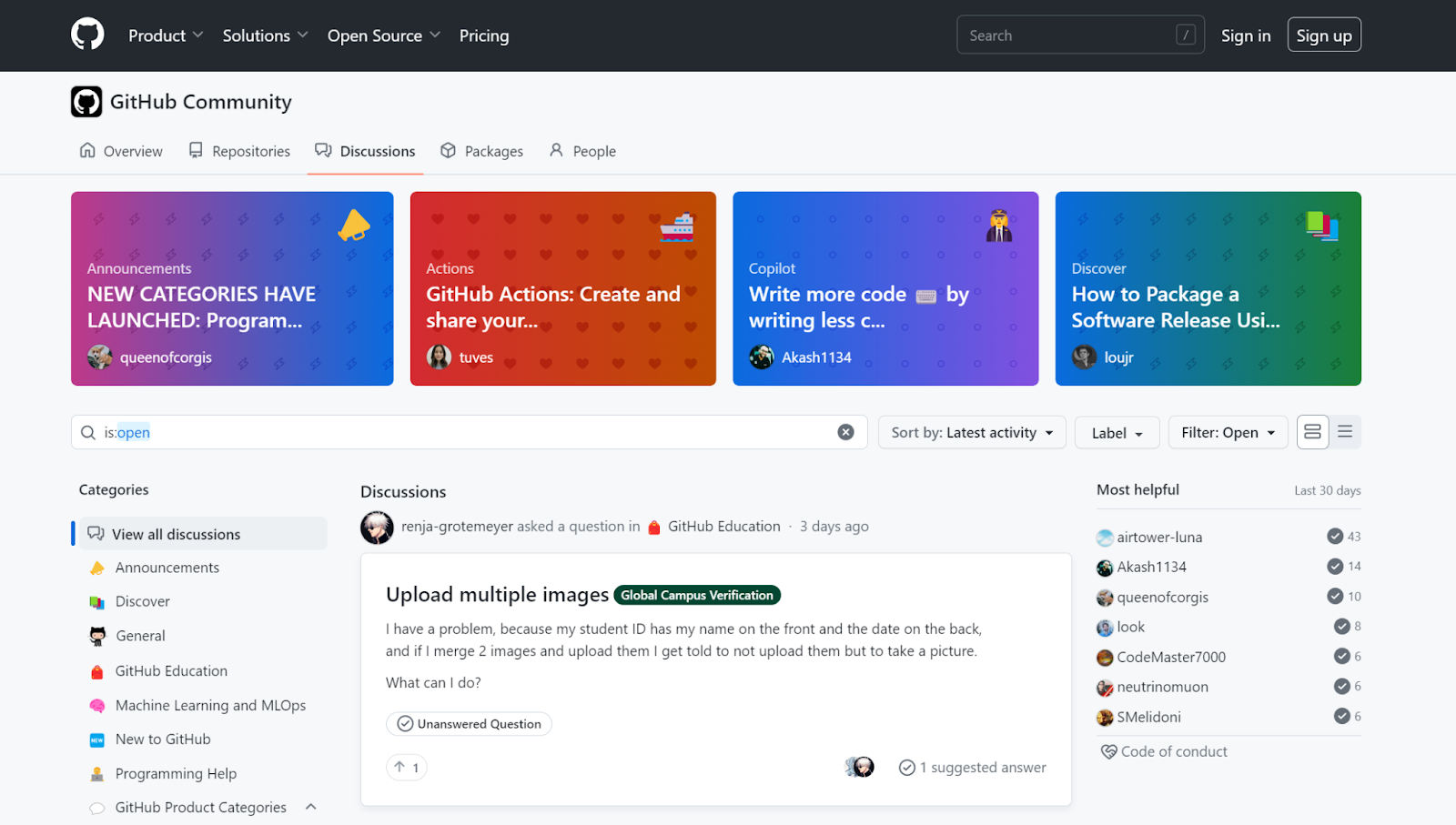 GitHub community forum screenshot