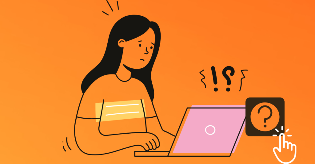 Cartoon of woman on laptop and help widget sign in the corner over orange background