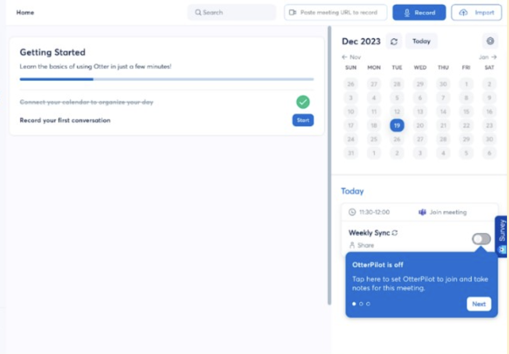 Otter's dashboard showcasing the tooltip