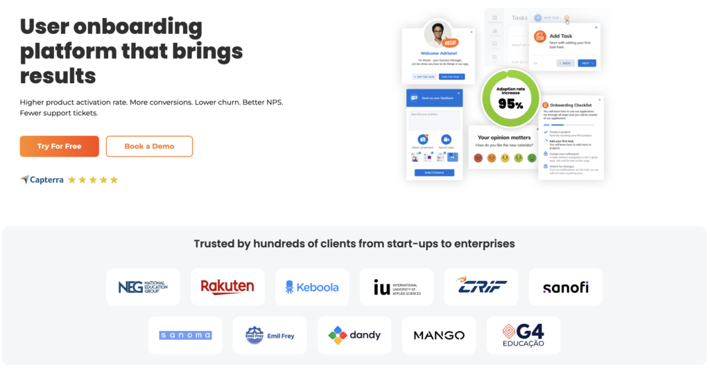 Product Fruits screenshot of first page and all logos and accomplishments as a digital adoption platform