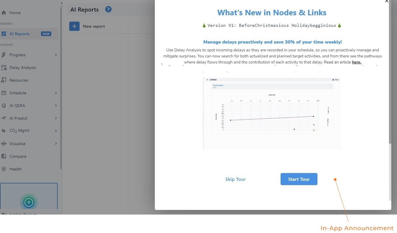 Nodes & Links in-app announcement pop-up