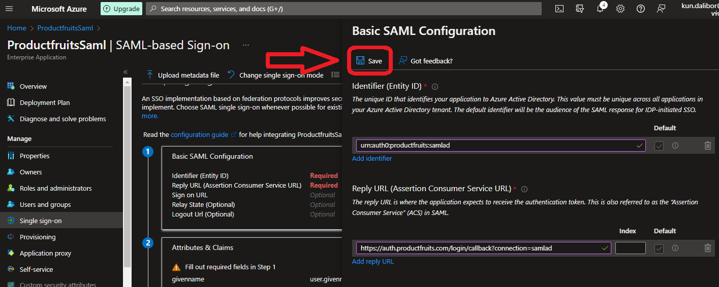 The Azure platform highlighting save Basic SAML Configuration