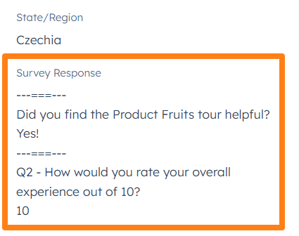 An example of a Product Fruits survey result sent to HubSpot