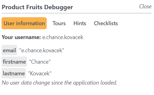 screenshot of the Product Fruits window showing the user tag