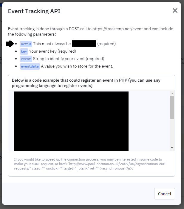 Example of an Event Tracking API in the Active Campaign platform